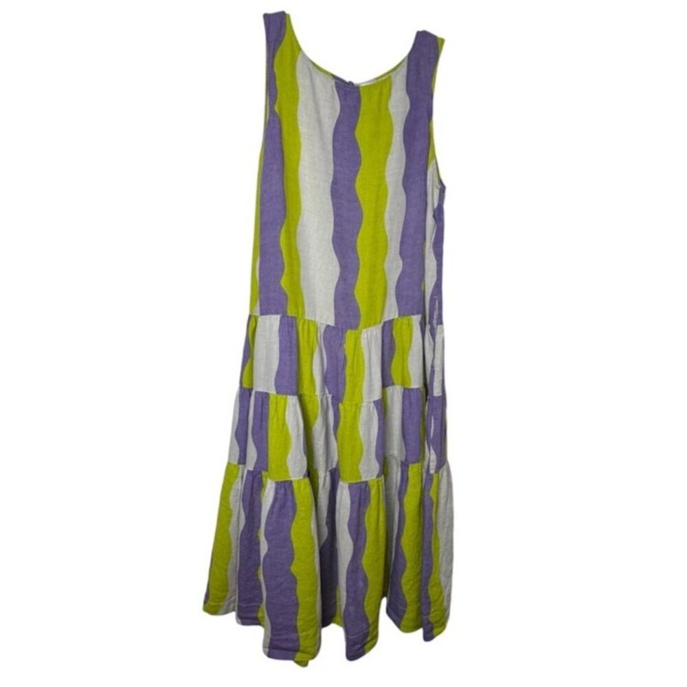 Gorman Mojito 100% Linen Striped Maxi Tiered Dress Pockets Size 14